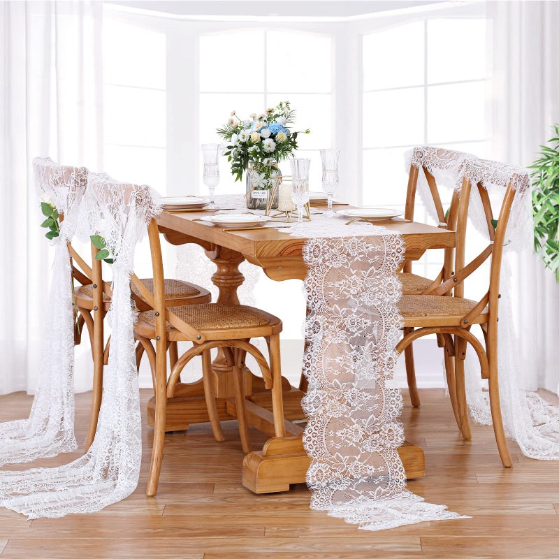 B.Cool B-COOL 5 Packs Lace Table Runner 14x120 Inch Rustic Wedding White Table Runners for Rectangle Table Vintage Hollow Lace Floral Outdoor Fall Thanksgiving Table Decoration - Image 3